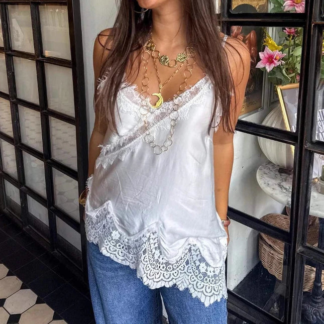 Women Lace Trim Satin Tank Top Sexy Solid V Neck Silk Camisole Top Summer Fashion Asymmetrical Backless Spaghetti Strap Camisole