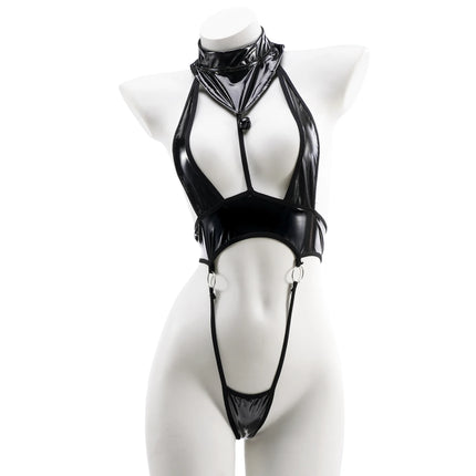 Anime Cosplay Lingerie Halter Three Point Swimsuit Hollow Out Backless Faux Leather Catsuit Women Sexy Bodysuit Bandage Set
