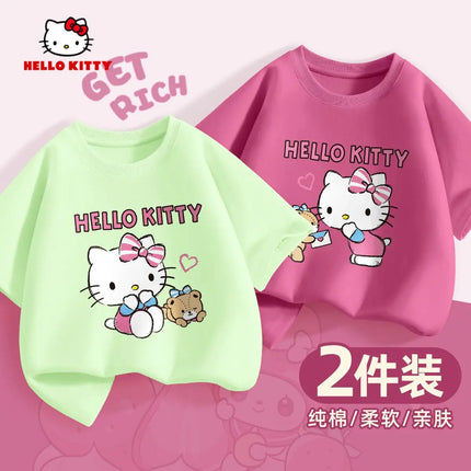 (2 Pieces Per Pack) Sanrio Summer Baby Girls 100% Cotton Clothes Kid Children Girl Hello Kitty Printed T-shirts Short Sleeve Top