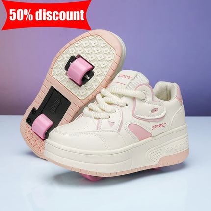 Children's Roller Skating Shoes, Detachable Double Wheels, Boys' Outdoor Skating Amusement Sneakers, Girls' Comfortable Soft Board Shoes