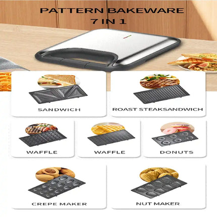 Household Multi-Functional 7-In-1 Waffle Maker Not Stick To Baking Plates Thin, Pancakes, Sandwiches, Donuts Grilled Meat
