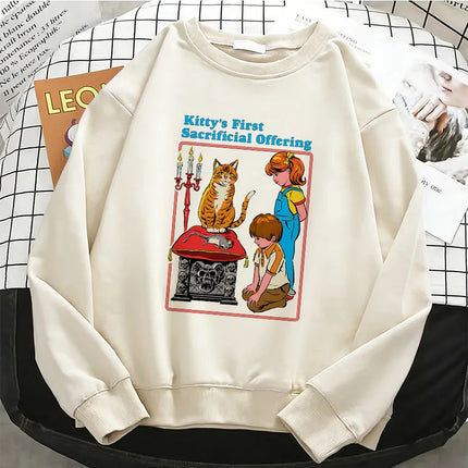 Y2K Funny Cat Pattern Comic Design Hoodies Warm Fleece Sweatshirt Soft O-Neck Pullover Casual Female Clothes