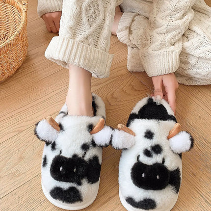 Pallene Cow milk Fuzzy Slippers Women Winter Cartoon Fur Slippers Soft Cozy Plush House Shoes Female Bedroom Cute Furry Slides
