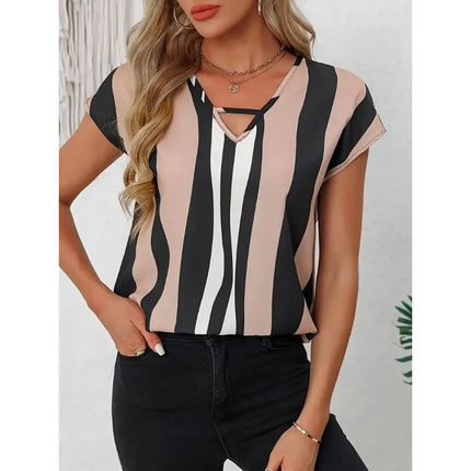 Plus Size 1XL-5XL  Women's Fashionable Striped V-neck T-shirt Sleeveless Shirt Short Sleeve Button-up Commute Quality Summer Top