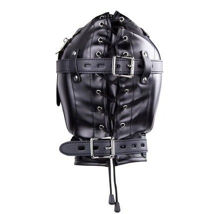 PU Leather Full Head Bondage Hood Mask Adjustable BDSM Headgear Blindfold with Chain Leash Role Play Costume Accessories