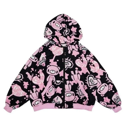 Harajuku Style Violent Bear Hoodie Sweatshirt Streetwear Loose Fit Long Sleeve Cartoon Anime Print Cutesy Boring Sweet Cool
