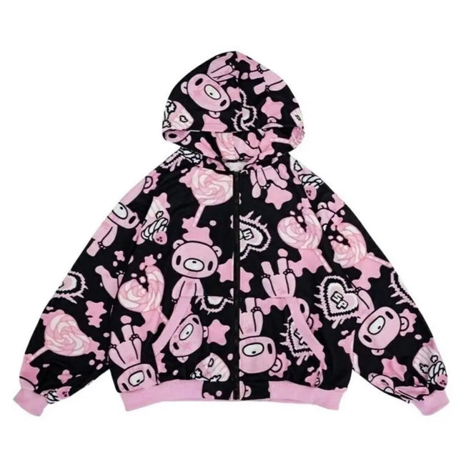 Harajuku Style Violent Bear Hoodie Sweatshirt Streetwear Loose Fit Long Sleeve Cartoon Anime Print Cutesy Boring Sweet Cool