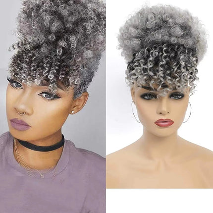Synthetic Afro Puff Drawstring Ponytail with Bangs Short Afro Kinky Curly Ponytail Extension Updo Hairpiece Ponytail Bun