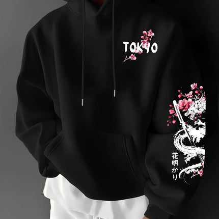 Trendy men's anime dragon and cherry blossom print hooded sweatshirt for casual street comfort, inspired design hoodie