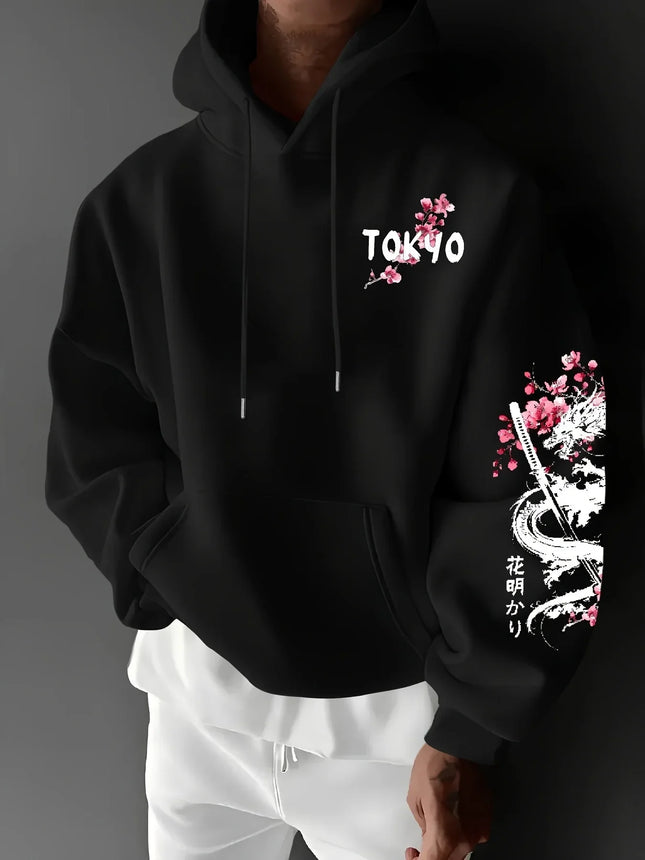 Trendy men's anime dragon and cherry blossom print hooded sweatshirt for casual street comfort, inspired design hoodie