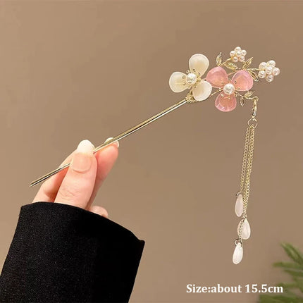 2023 New Vintage Chinese Women's Hair Stick Metal Glaze Flowers Hair Chopsticks Ladies Pearl Jewelry Hair Sticks Accessories