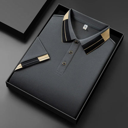 2025 New Men's Collar Polo Shirt Short Sleeved Sweat Absorbing Polo Tops, Luxury Jacquard Breathable Contrast Color T-shirt