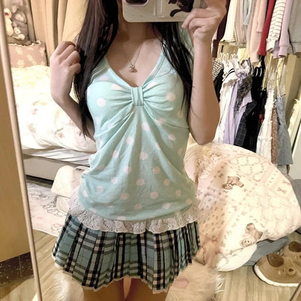 Mint Polka Dot V-Neck Strap Top Vintage Early Summer Cool Sweet Slim Fit Women's Outerwear Casual Summer Top