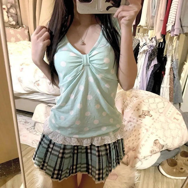 Mint een Polka Dot V-Ne Strap Top Vintage Early Summer Cool Sweet Sle Women's Slim Fit Outerwear Casual Summer Top