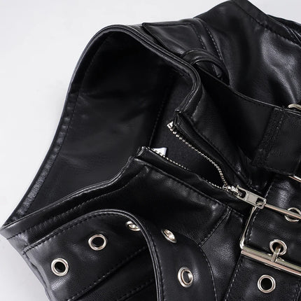 SUCHCUTE Retro Punk PU Leather Vest With Sleeve Cover Women Gothic Black Sleeveless Turtleneck Top Y2K Metal Decorative Clothing