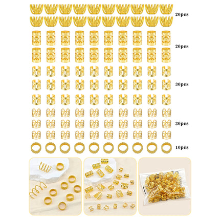 110 Pcs Gold Hair Rings for Braids and Dreadlocks - Metal Rings, Cuffs, Clips Accessory Decorations - Golden Yellow
