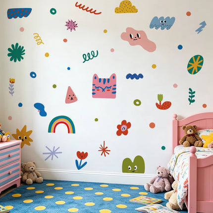 Boho Shapes Wall Decal Set, Colorful Modern Kids Room Wall Stickers, Removable Clouds & Rainbows for Nursery Toddler Bedroom