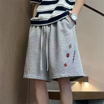 2026 Summer Men's Elastic Waist Casual Graphic Shorts Letter Print Patchwork Baggy Straight Shorts Y2K Fashion Preppy Bermudas