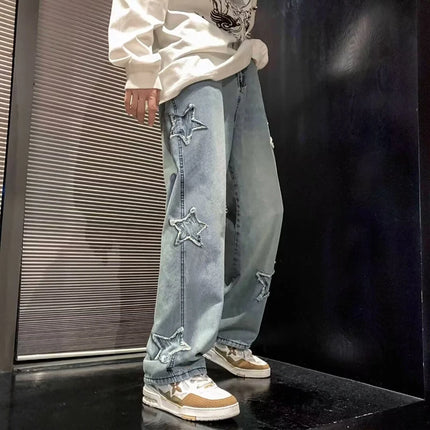 New Men's Star Embroidered Fashion Baggy Jeans Y2K Streetwear Hip Hop Oversize Straight Loose Denim Trousers Wide Leg Pants