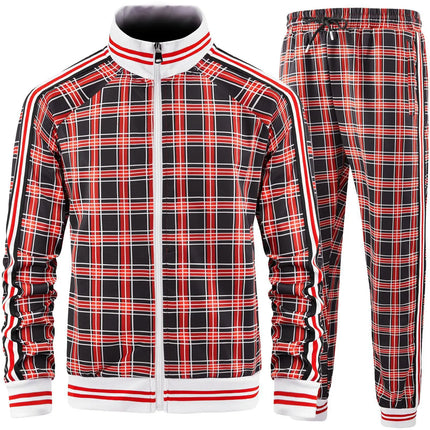 New Spring Autumn Plaid Printed Mens Zipper Jacket Sports Wear Sweatshirt Casual Outdoor Sports Checks Tracksuit Coat+Pant Set