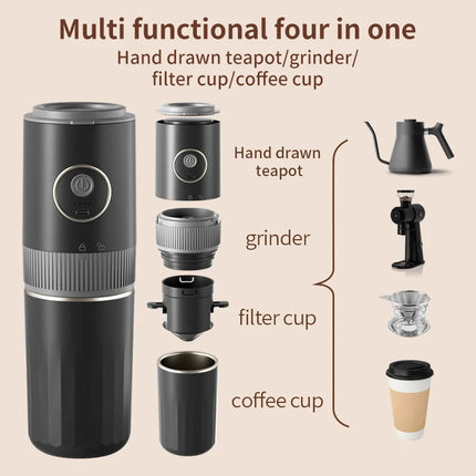 2-in-1 Wireless Portable Coffee Machine – Grind Beans & Hand Brew Anywhere for Camping & Outdoor Adventures
