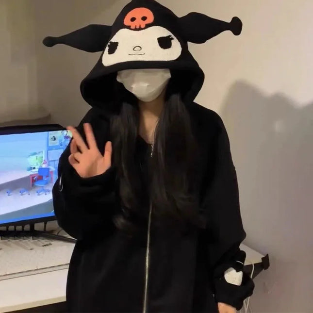 Anime Sanrios Kuromi Hooded Jacket Women Y2K Zip Up Hoodie Couple Loose Casual Coat Spring Autumn Zipper Tops Outer Wear Trendy
