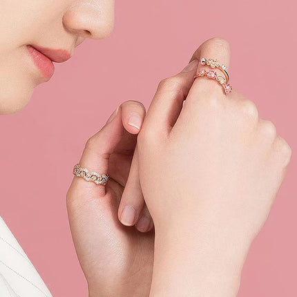 FTCY S925 Silver Rose Enamel Peach Blossom Crystal Ring For Women Simple Fine Ring Wedding Party Wholesale Jewelry