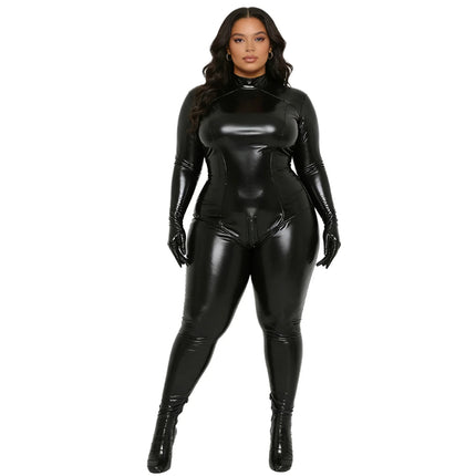 Womens Faux Leather Full Body Bodysuit Wet Look Gloved Sleeve Double-end Zipper Openable Crotch Latex Catsuit Unitard Clubwear