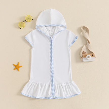 Toddler Girl Hooded Beach Coverup Summer Infant Stripe Print Zipper Robe Children Short Sleeve Summer Swimwear Cover-up