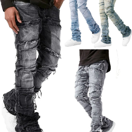 New Stacked Jeans Men Patchworks Spliced Denim Ripped Wash Frayed Pants Male's Streetwear