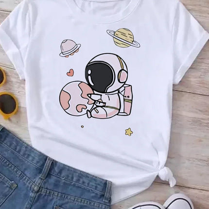 Women Moon Planet Print Fashion Tee Shirts Casual Round Neck Short Sleeve Streetwear Female T-Shirt Vintage Tops