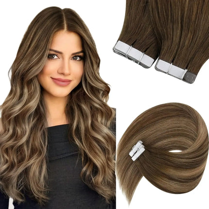 VeSunny Tape in Hair Extensions Human Hair Balayage Color Real Natural Hair Skin Weft Straight Seamless Remy Hair Extensions