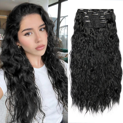 4PCS set Clip in Hair Extensions Natural Black Corn Wavy 20'' Long Curly Thick Synthetic Hairpieces for Women Girls Daily Party