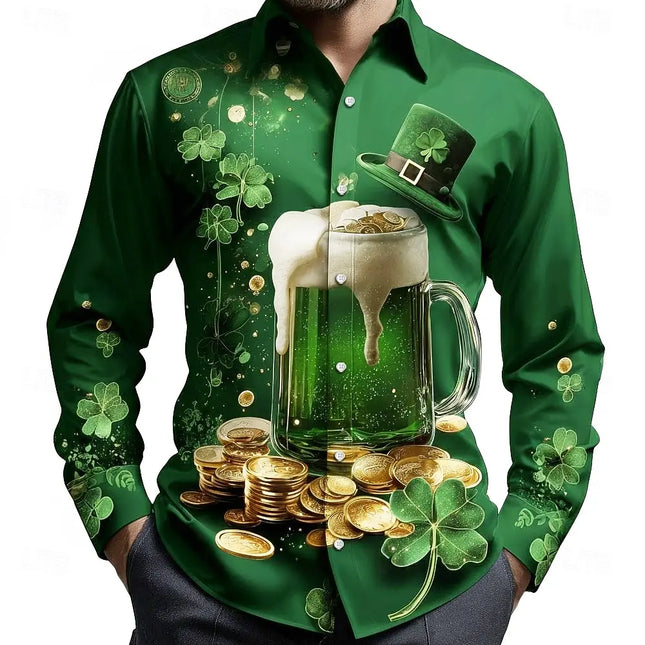 St. Patrick's Day Men's Shamrock Gold Coin Green Beer Shirt Button Up Shirt Long Sleeve Vintage Retro Party Holiday Spring Fall