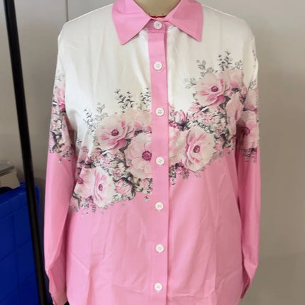 2025 Plus Size European And American Spring And Autumn Aomen's Color-Block Printed Long-Sleeved Lapel Button Shirt