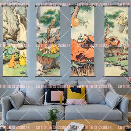 Classic Anime Pokémon Retro Scroll Painting Poliwhirl Pikachu Eevee Charizard Dragonite Squirtle Bulbasaur Creative Poster Gift