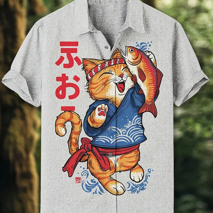 Men's Volcano Animal Pattern Linen Shirt Summer Fashion Short Sleeve Button Collar Shirt Hawaii Casual Shirt Top
