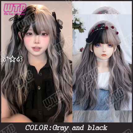 WTB Pink Highlighted Synthetic Lolita Wig for Women Long Straight with Bangs Suitable for Everyday Wear Holidays and Cosplay