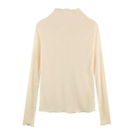 Sexy Women T Shirt See Through Transparent Mesh Tops Long Sleeve Sheer Slim Ladies Solid Turtleneck Silk T-Shirt Lace Crop Top