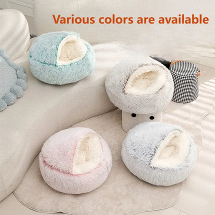 Semi-Enclosed Shell Pet Bed, Winter Warm Plush Cat Nest Soft Long Plush Cat Cushion Four Seasons Universal Kennel for Small Dogs