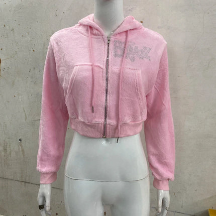 European American Casual Sports Cardigan Zipper Top Personalized Letter rhinestone Short midriff-baring Hoodie Women's Clothing
