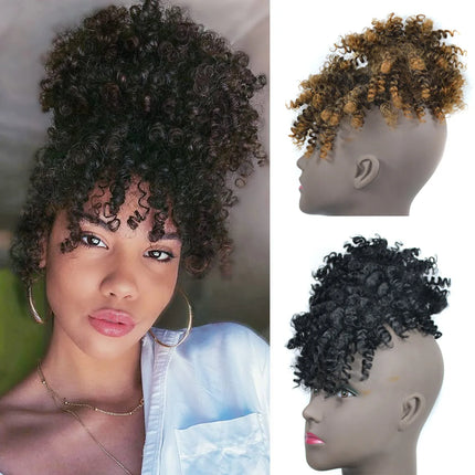 Afro Puff Bun Drawstring Ponytail with Bangs Black Kinky Curly Ponytail Synthetic Updo Hairpiece Wigs For Ladies Women