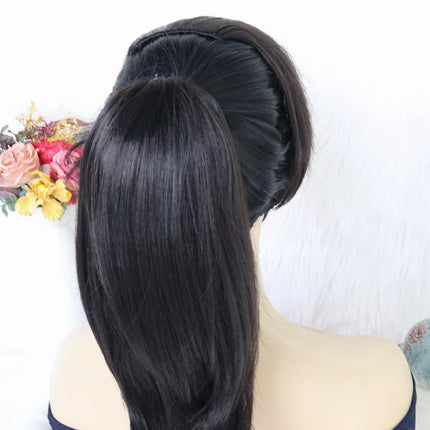 2PCS Black Drawstring Ponytail + Bangs Set, Straight Synthetic Hair Extensions, for Women Cosplay Daily Wear