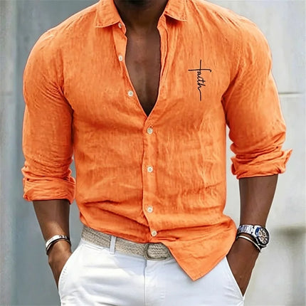 Men's Casual Linen-Like Shirt, 'Faith' Print, Roll-Up Long Sleeve, Button Down, Loose Fit, Beach & Daily Tops