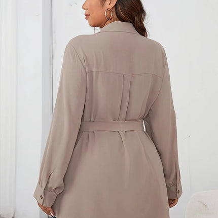 Plus Size Solid Belted Button Front Shirt, Elegant Curved Hem Long Sleeve Shirt For Spring & Fall, Women's Plus Size Clothing