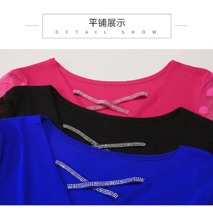 2025 Spring Summer Mesh Tops Korean Fashion Diamond T Shirt Slim 3/4 Sleeve Hollow Out Casual Women Shirt