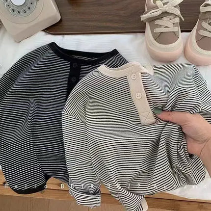 Children's Spring Autumn Long Sleeved T-shirt Boys Girls Korean Striped Children's Base Layer Shirt Baby Simple Top
