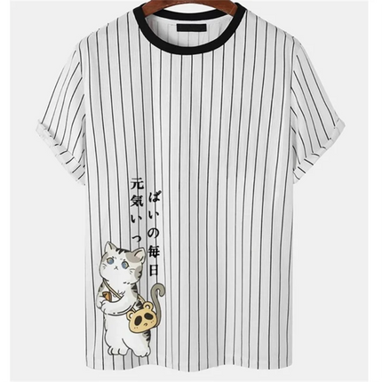 Japanese Samurai Cat Print T Shirt For Men Casual Simplicity O-neck Short Sleeve Fashion Trend Harajuku Streetwear Oversized Top