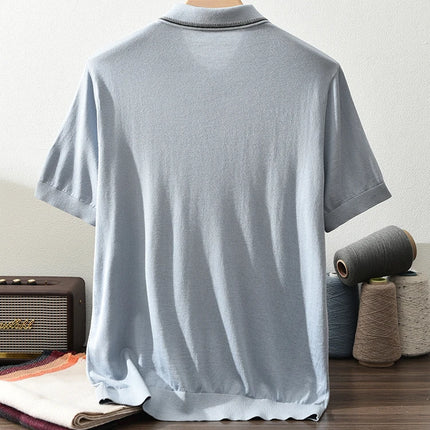 85% Silk + 15% Cashmere Men's T-shirt Casual Solid Color Knitted Pullover Short Sleeved Polo Neck Tees Basic Tops