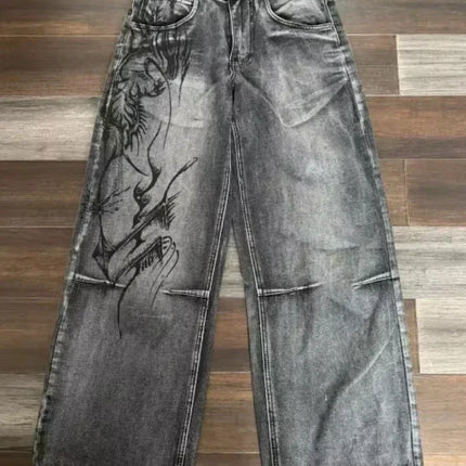 American Street Trend Letter Embroidered Loose Jeans Men Harajuku Y2K New Hip Hop Oversized Wide-leg Pants Unisex Mopping Jeans